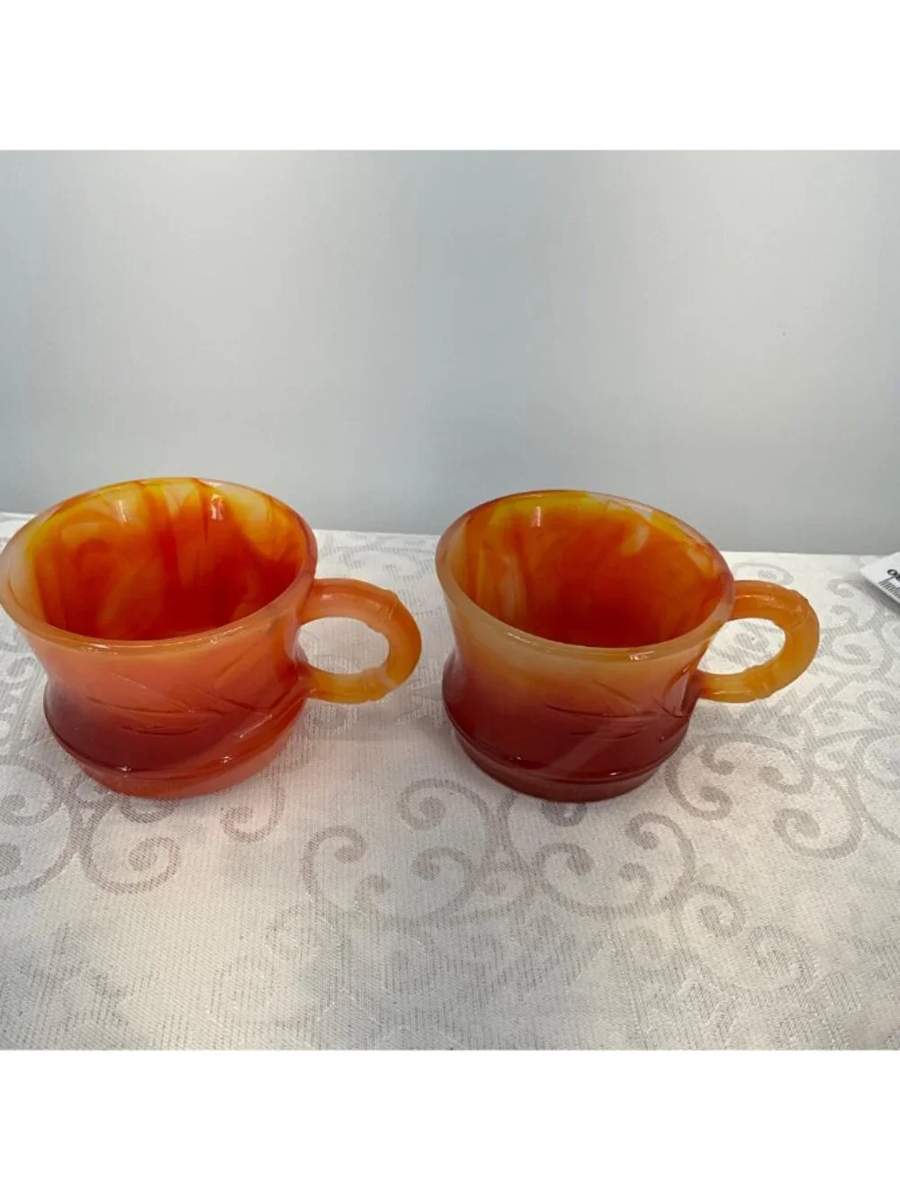Vintage Amberina Cadmium Glass cups Set/2 UV Reactive Red Orange Starburst